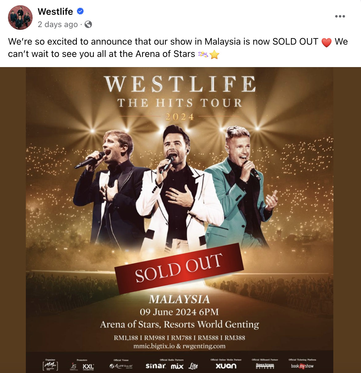 Westlife 云顶演唱会门票全部售罄！